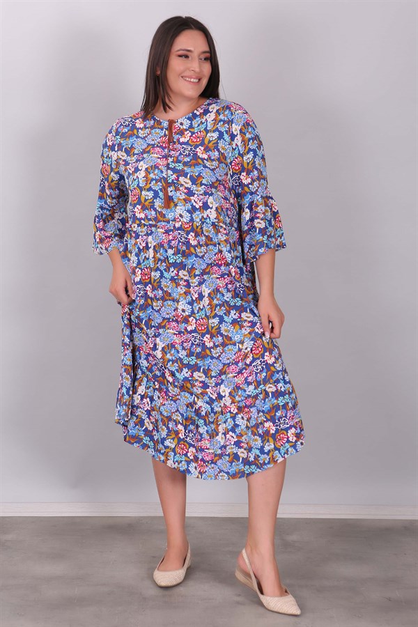 Desenli Fırfırlı İndigo Elbise 