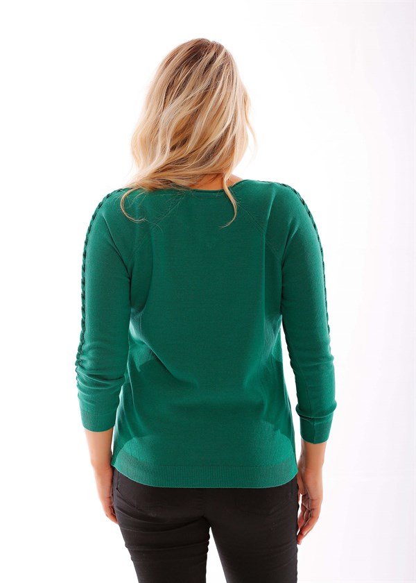 Kol Örgü Detaylı Yeşil Triko Bluz