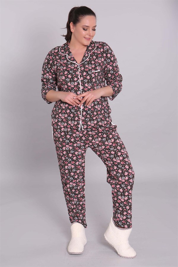Ön Düğmeli Çiçek Desenli Siyah Pijama Takımı