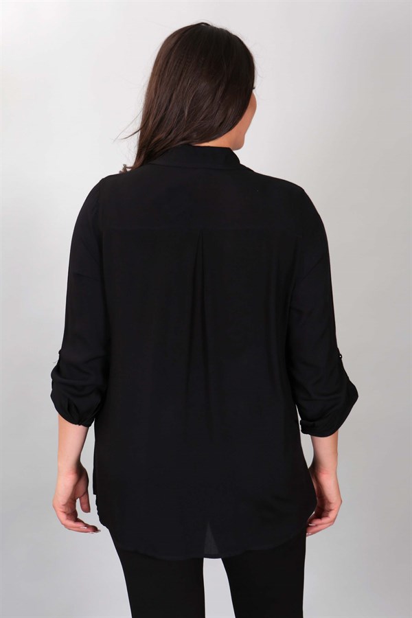 Taş Cep Detaylı Siyah Gömlek Tunik