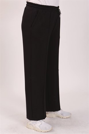 Büyük Beden Beli Lastikli Siyah Örme Pantolon
