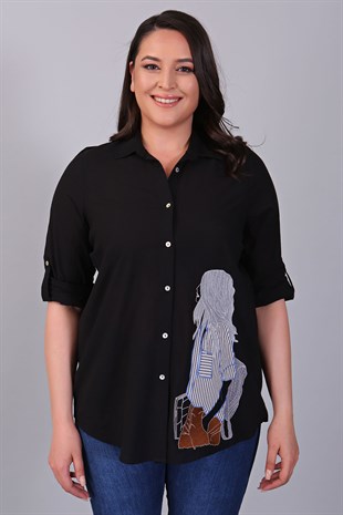 Kadın Figürlü Siyah Gömlek