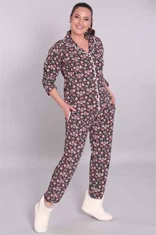 Ön Düğmeli Çiçek Desenli Siyah Pijama Takımı