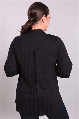 Sağ Ön Taş Şeritli Büyük Beden Siyah Gömlek