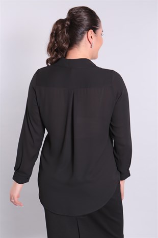 Taş Detaylı İpek Krep Siyah Gömlek