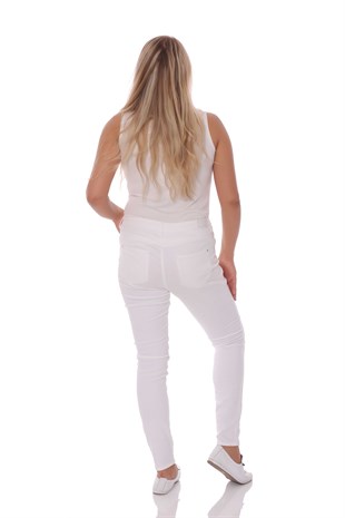 Yüksek Bel Cep Detaylı Beyaz Pantolon
