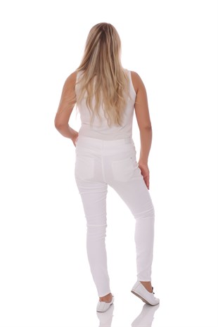 Yüksek Bel Cep Detaylı Pantolon Beyaz 